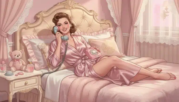 Warm pastel illustration of a cozy nighttime bedroom scene with a phone glowing softly on a nightstand next to a plush teddy bear and soft blanket