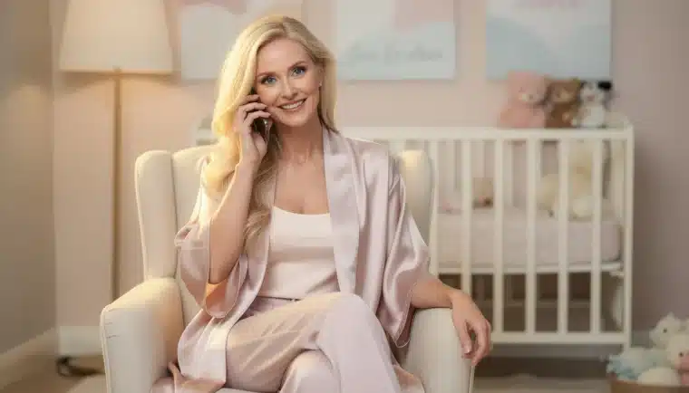 Soft watercolor illustration of a nurturing maternal figure in a pastel nursery with a rocking chair, baby bottle, and warm golden light