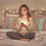 Pastel digital illustration of a comforting hand reaching toward a glowing phone surrounded by soft stuffed animals and a cozy blanket