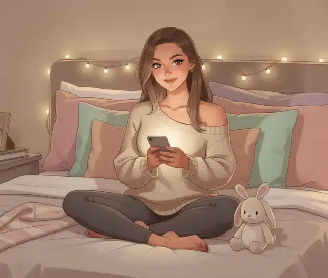 Pastel digital illustration of a comforting hand reaching toward a glowing phone surrounded by soft stuffed animals and a cozy blanket