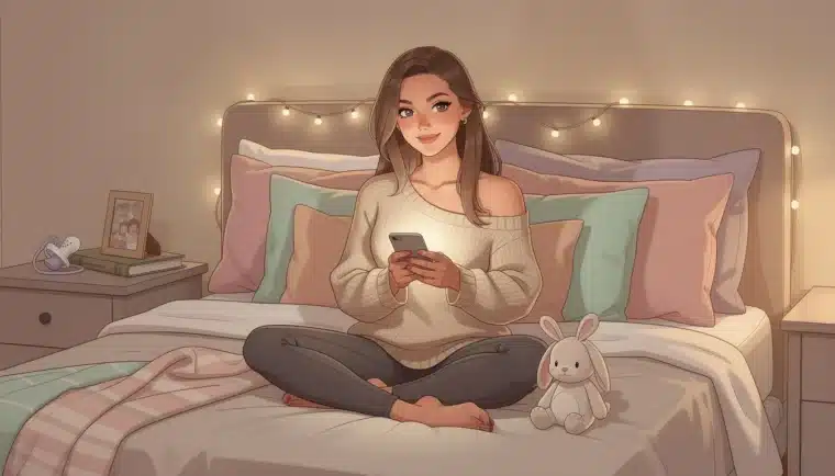 Pastel digital illustration of a comforting hand reaching toward a glowing phone surrounded by soft stuffed animals and a cozy blanket