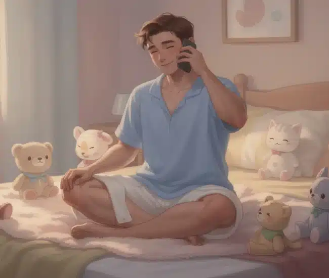 Dreamy pastel watercolor of soft diapers, a baby bottle, a plush bunny, and a cozy blanket in a warm nursery setting