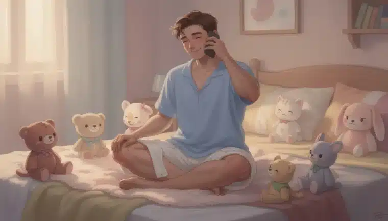 Dreamy pastel watercolor of soft diapers, a baby bottle, a plush bunny, and a cozy blanket in a warm nursery setting