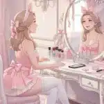 Soft dreamy illustration of a vanity mirror with pastel pink ribbons, a tiara, and delicate feminine accessories in warm golden light