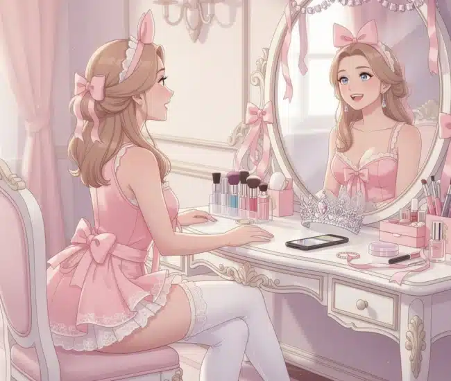 Soft dreamy illustration of a vanity mirror with pastel pink ribbons, a tiara, and delicate feminine accessories in warm golden light