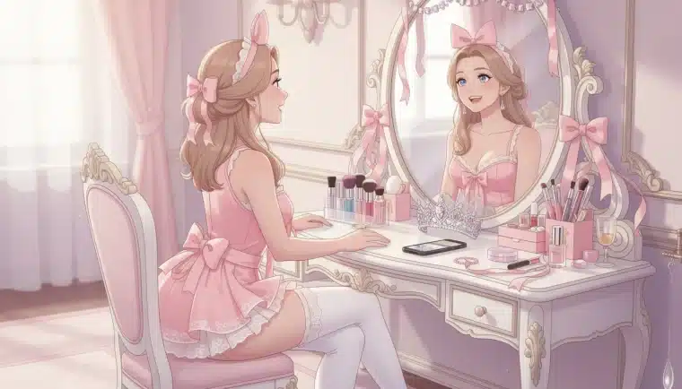 Soft dreamy illustration of a vanity mirror with pastel pink ribbons, a tiara, and delicate feminine accessories in warm golden light