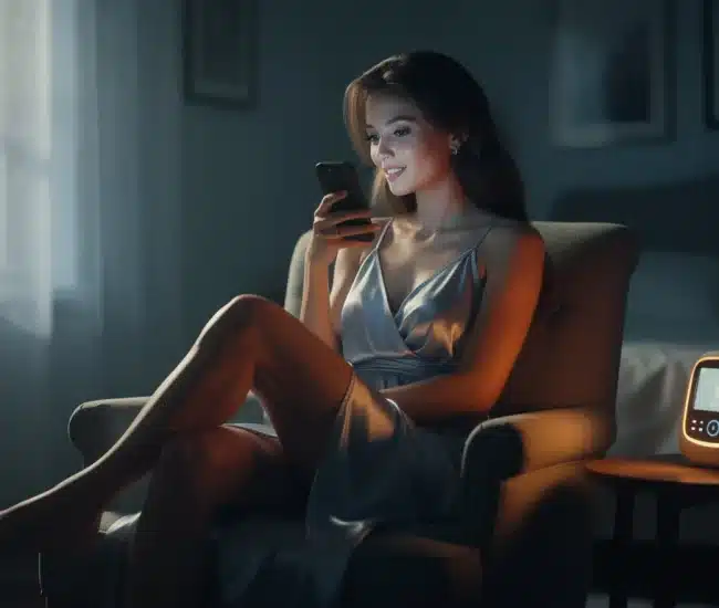 Warm artistic illustration of a caring mommy figure answering a glowing phone in a cozy moonlit nursery at night