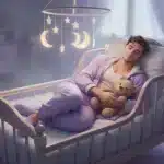 Soft pastel watercolor of a person peacefully curled up with a stuffed bear surrounded by warm light and floating stars representing age regression into little space
