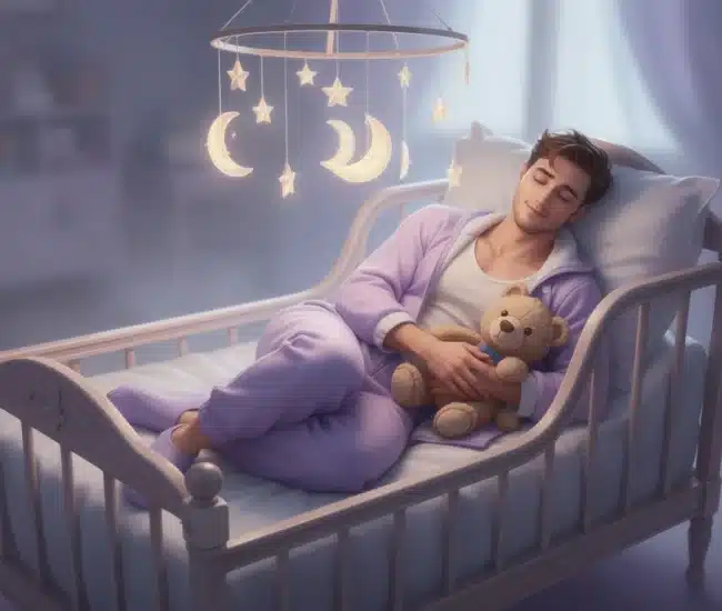 Soft pastel watercolor of a person peacefully curled up with a stuffed bear surrounded by warm light and floating stars representing age regression into little space