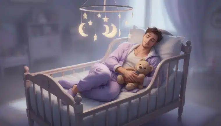 Soft pastel watercolor of a person peacefully curled up with a stuffed bear surrounded by warm light and floating stars representing age regression into little space