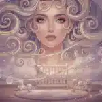 Dreamy age regression phone sex scene with swirling pastel clouds and a gentle maternal figure guiding a peaceful descent into little space