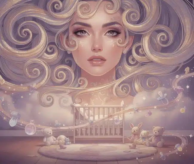Dreamy age regression phone sex scene with swirling pastel clouds and a gentle maternal figure guiding a peaceful descent into little space