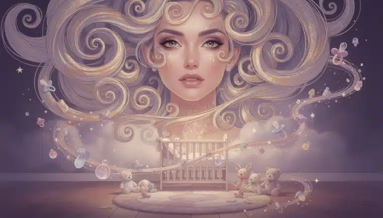 Dreamy age regression phone sex scene with swirling pastel clouds and a gentle maternal figure guiding a peaceful descent into little space