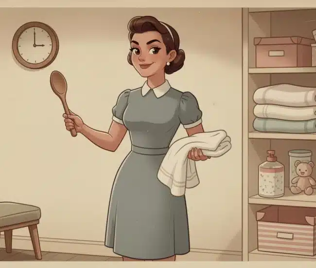 Nanny phone sex scene with a structured nursery featuring a corner stool, timer, and warm lighting suggesting firm but loving discipline