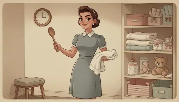 Nanny phone sex scene with a structured nursery featuring a corner stool, timer, and warm lighting suggesting firm but loving discipline