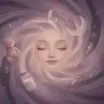 Dreamy watercolor illustration of a peaceful figure floating among soft clouds and stars with a nurturing maternal silhouette watching over them representing abdl phone sex hypnosis comfort