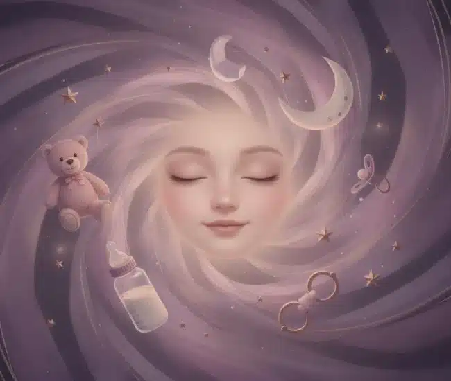 Dreamy watercolor illustration of a peaceful figure floating among soft clouds and stars with a nurturing maternal silhouette watching over them representing abdl phone sex hypnosis comfort