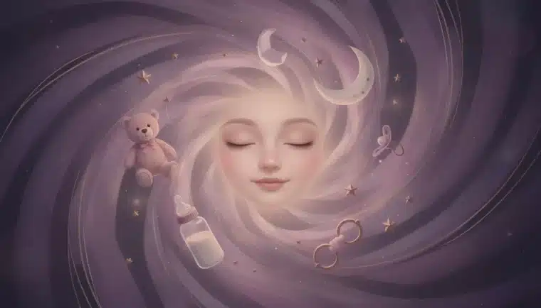 Dreamy watercolor illustration of a peaceful figure floating among soft clouds and stars with a nurturing maternal silhouette watching over them representing abdl phone sex hypnosis comfort