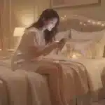 Soft pastel watercolor of a cozy nursery at night with a rocking chair beside a crib and warm lamplight casting golden glow representing mommy phone sex bedtime comfort