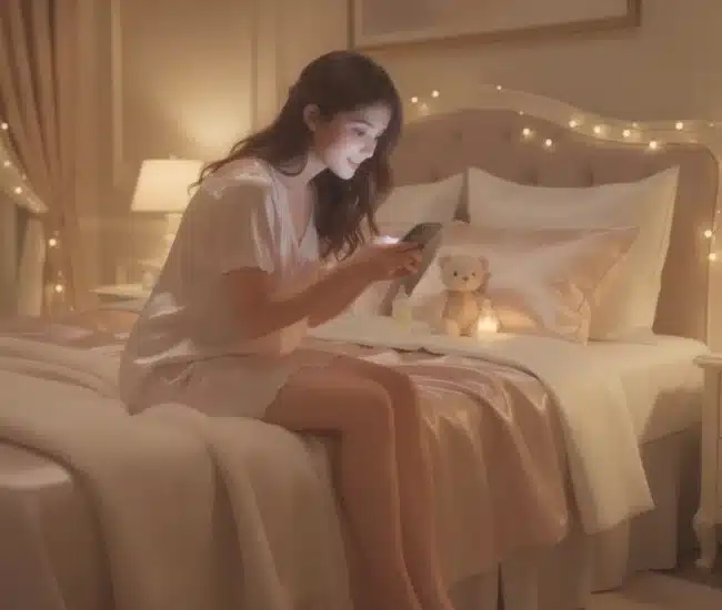 Soft pastel watercolor of a cozy nursery at night with a rocking chair beside a crib and warm lamplight casting golden glow representing mommy phone sex bedtime comfort