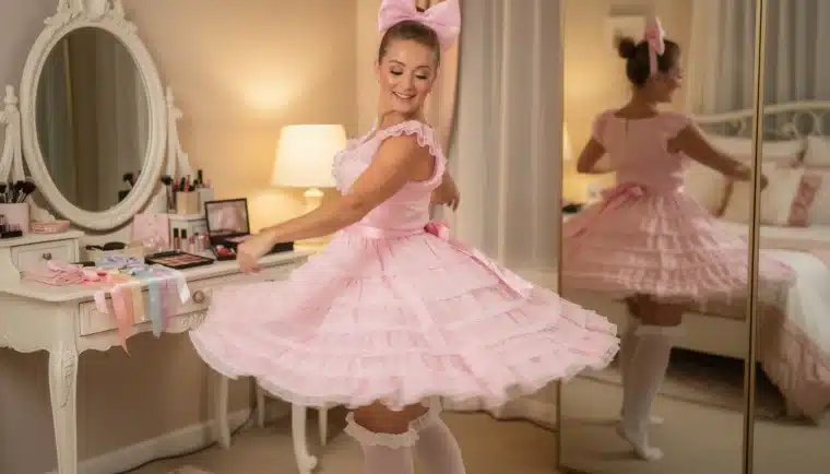 Pink Ruffles And New Names: The Complete Sissy Training Phone Experience Whimsical pastel illustration of pink ruffled accessories with a vanity mirror and soft fabrics representing sissy phone sex transformation and celebration