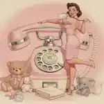 Warm digital illustration of a glowing vintage telephone surrounded by comforting nursery items like stuffed animals and blankets representing a dedicated abdl telephone service