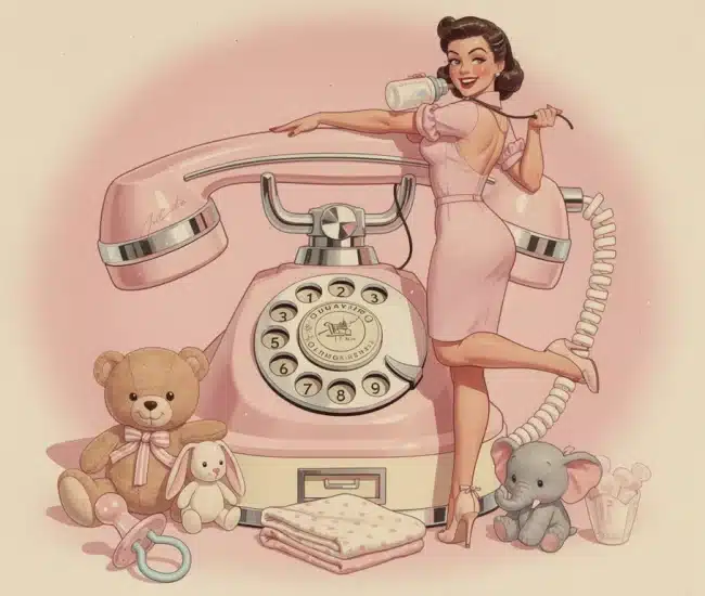 Warm digital illustration of a glowing vintage telephone surrounded by comforting nursery items like stuffed animals and blankets representing a dedicated abdl telephone service