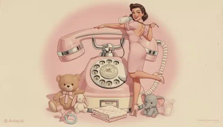 Warm digital illustration of a glowing vintage telephone surrounded by comforting nursery items like stuffed animals and blankets representing a dedicated abdl telephone service