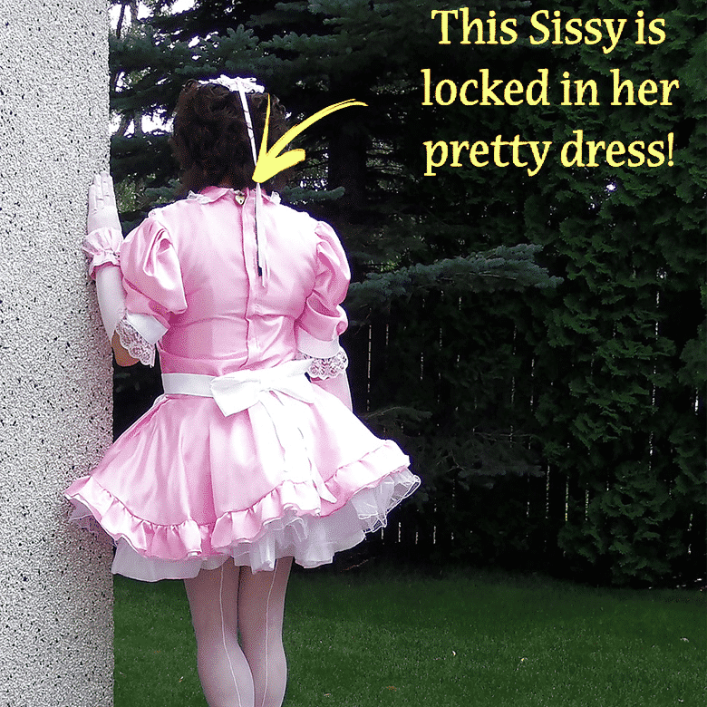 Back pose of man wearing sissy dress and shows them
