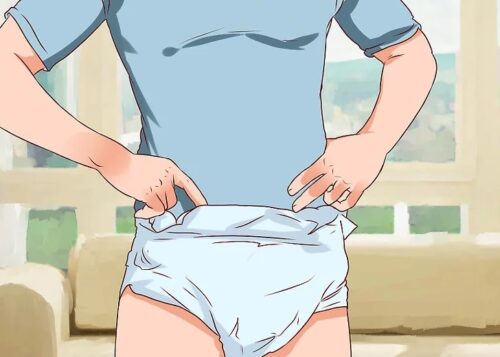 Adult baby proudly standing up while wearing a diaper