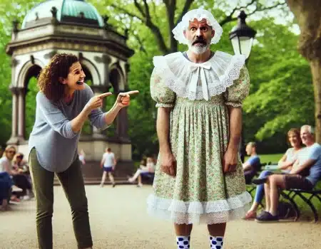 Embarrassed husband on public outing in diapers with his mommy domme